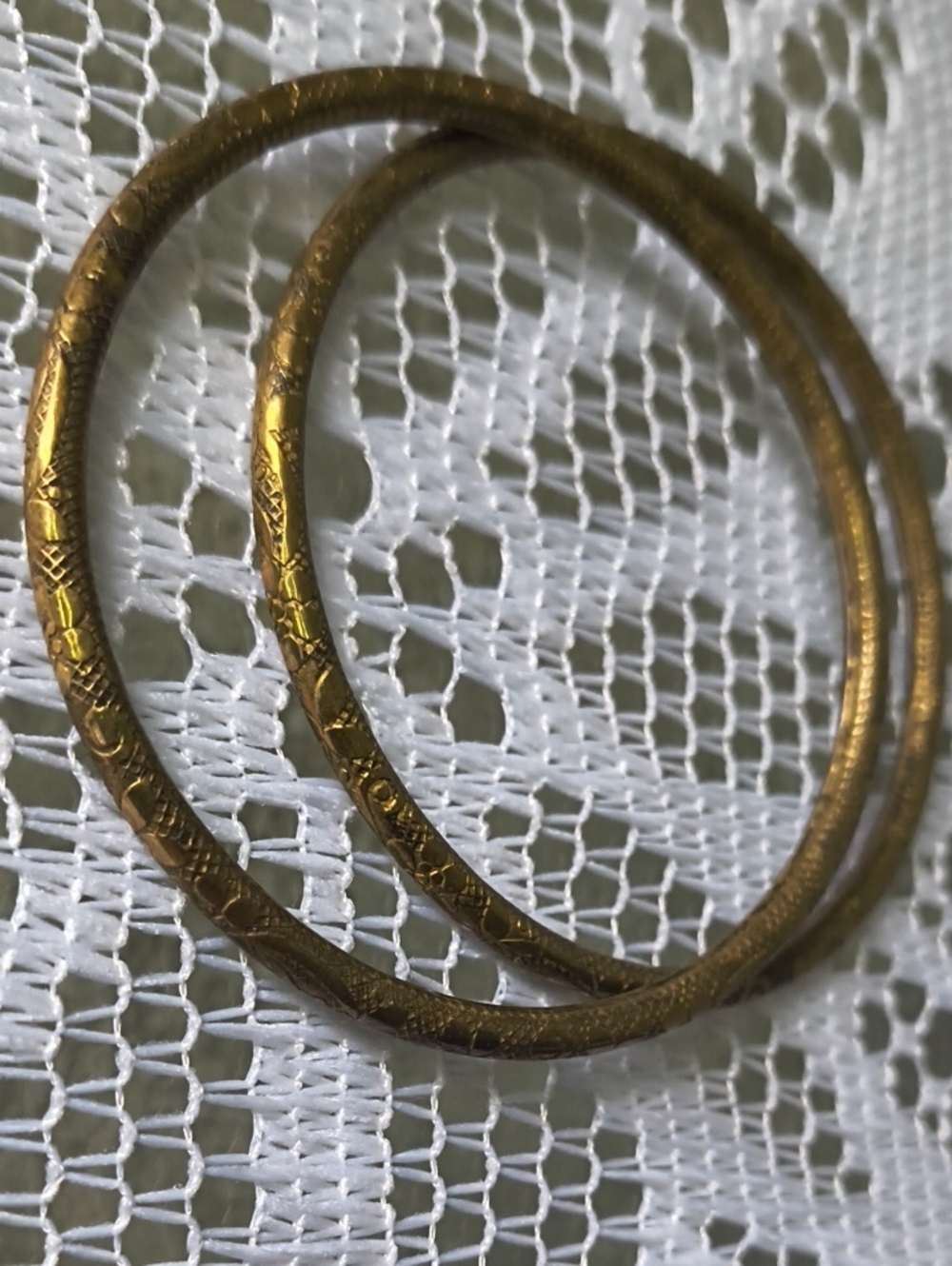 Pair of Delicate 70s Brass Bangles Floral Etched